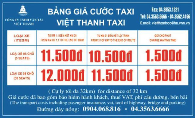 Bảng giá cước Việt Thanh taxi